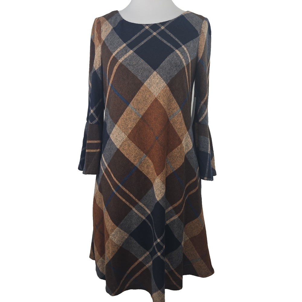 Jessica Howard MEDIUM Blue Brown Plaid Flutter Sleeve Woven Lined Dress New $94